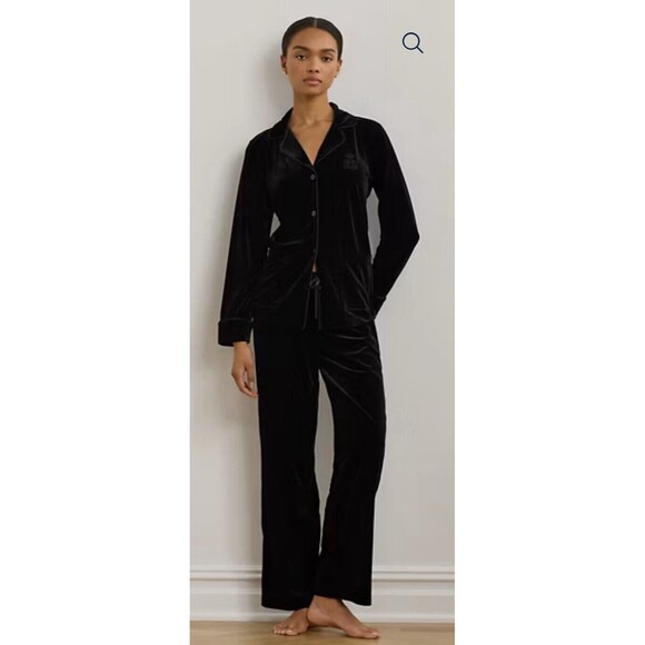 Ralph Lauren Velvet Pajama 2 PC Sleep Set Embroidered Logo Black Sz M Velour - Picture 1 of 15